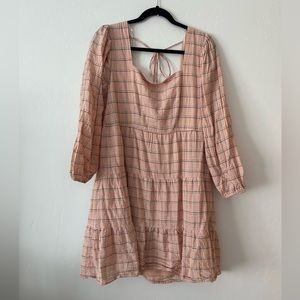 Vylette Tiered Square Neck Long Sleeve Peach Plaid Dress